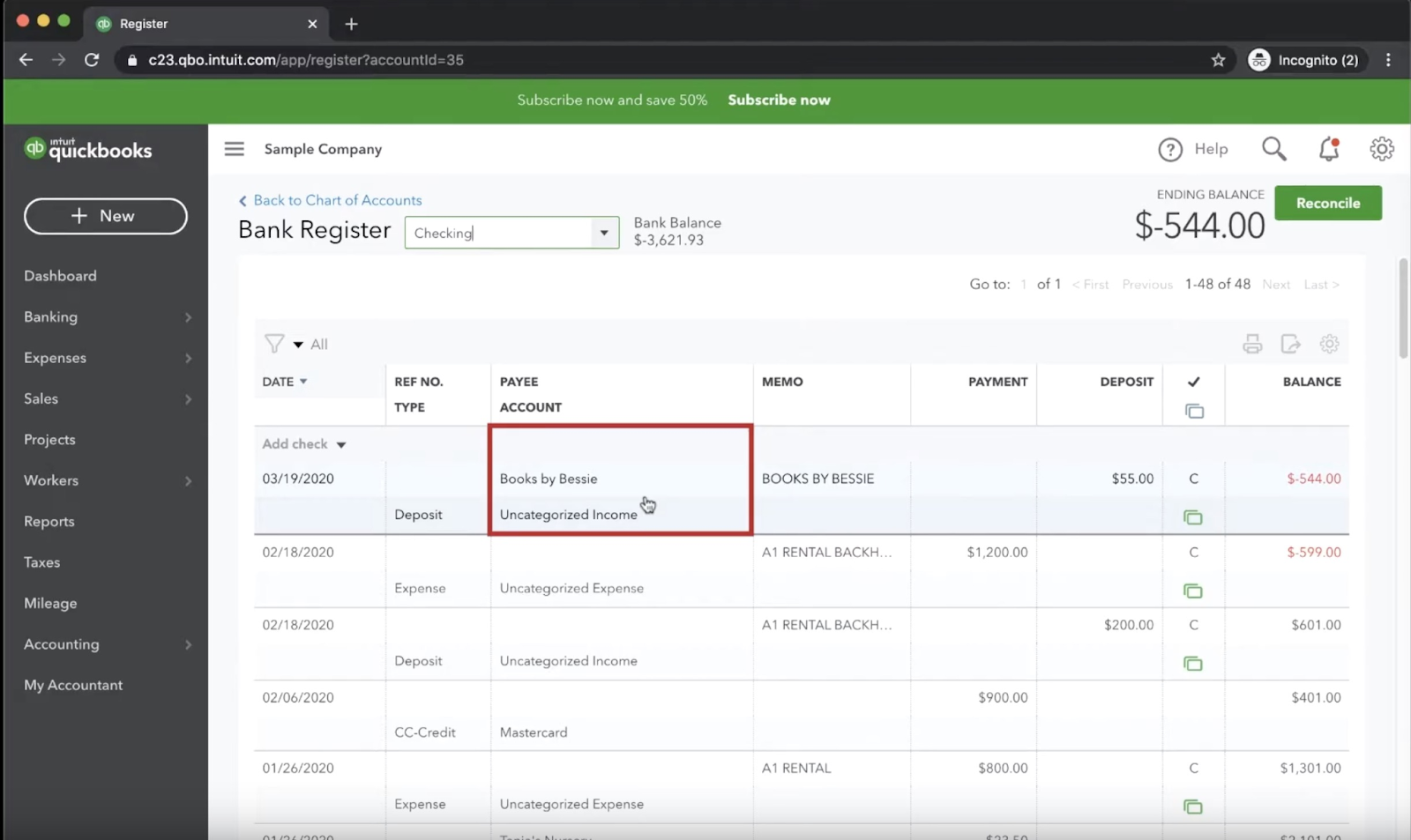 quickbooks bank register